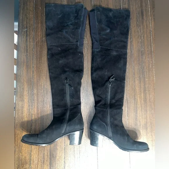 Stuart Weitzman Black Suede Over The Knee OTK Boots Block Heel Lug Sole Side Zip - Picture 3 of 10